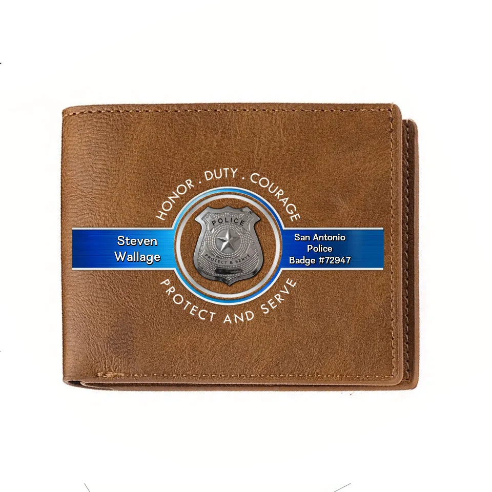 Personalized Police Leather Wallet - Father's Day Gift Idea for Police - Honor Duty Courage