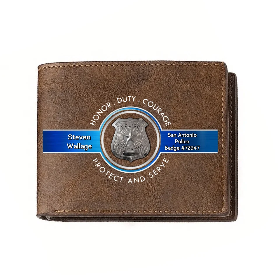 Personalized Police Leather Wallet - Father's Day Gift Idea for Police - Honor Duty Courage
