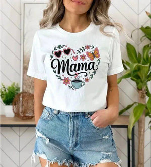 Whimsical "Mama" Coffee & Flowers Shirt
