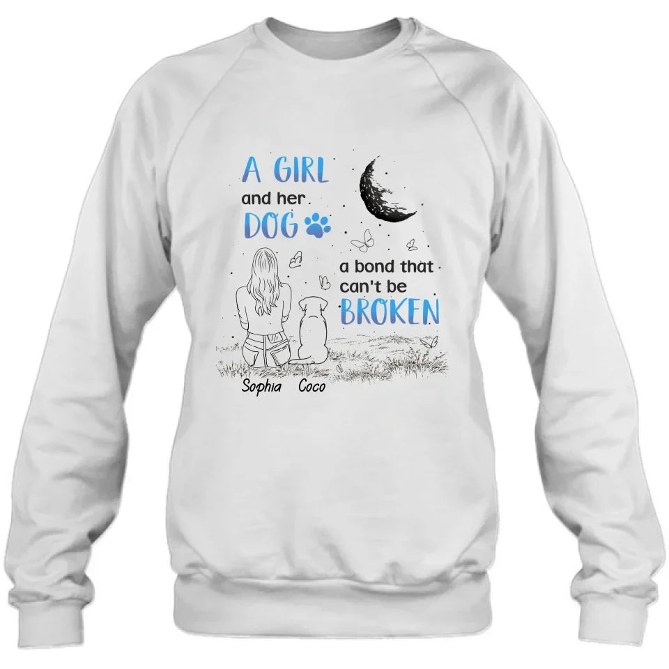 Personalized Girl And Dog T-shirt/Long Sleeve/Sweatshirt/Hoodie - Memorial Gift Idea For Dog Lover - A Girl And Her Dog A Bond That Can't Be Broken