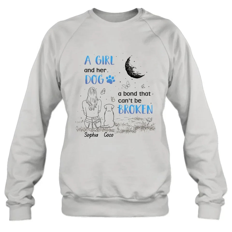 Personalized Girl And Dog T-shirt/Long Sleeve/Sweatshirt/Hoodie - Memorial Gift Idea For Dog Lover - A Girl And Her Dog A Bond That Can't Be Broken