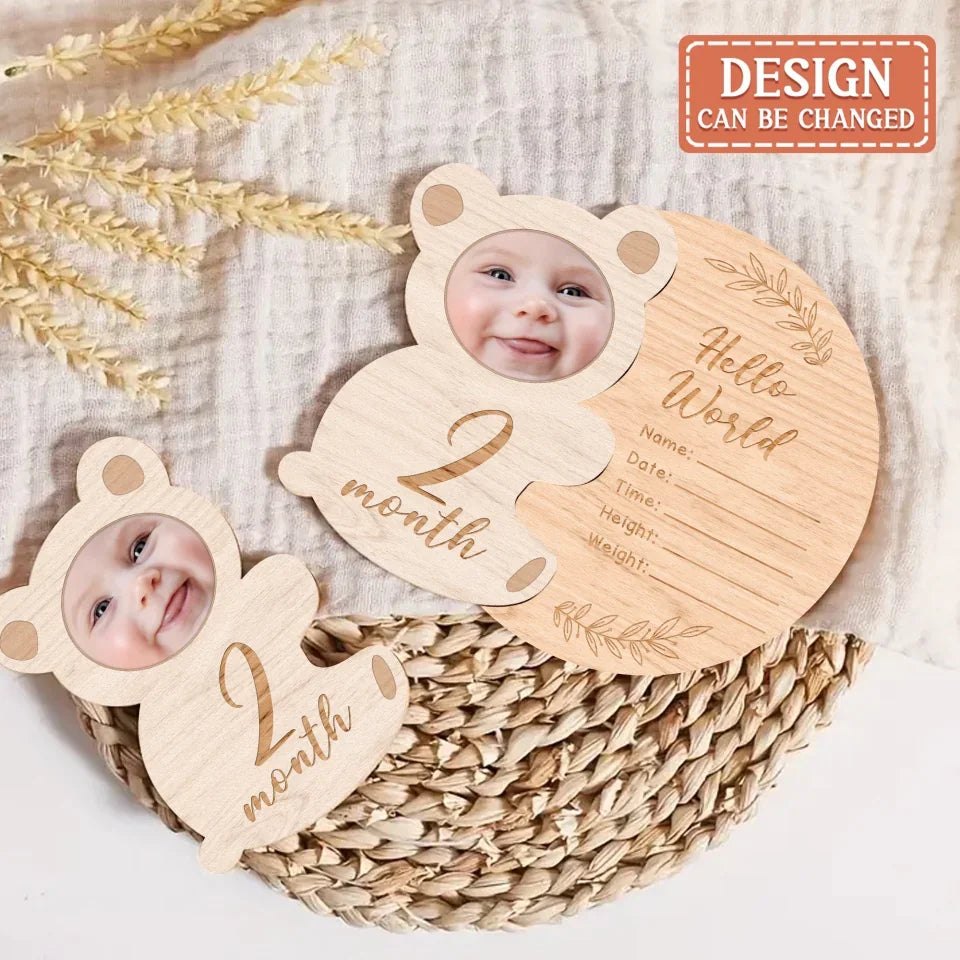 Personalized Wooden Bear Baby Ornament - Upload Photo - Gift Idea For Your Baby - Hello World