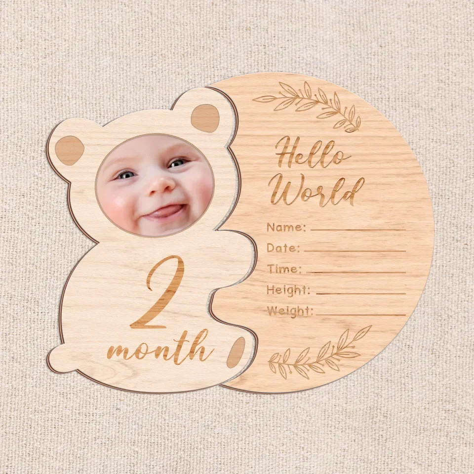Personalized Wooden Bear Baby Ornament - Upload Photo - Gift Idea For Your Baby - Hello World