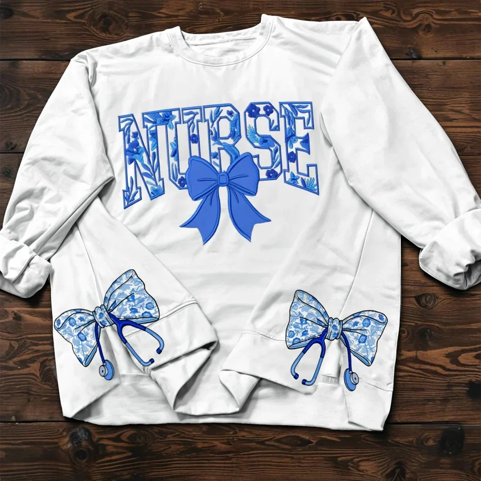Nurse Chinoiserie Coquette Bow Side Split Embroidered Sweatshirt - Gift Idea For Nurse/ Friend