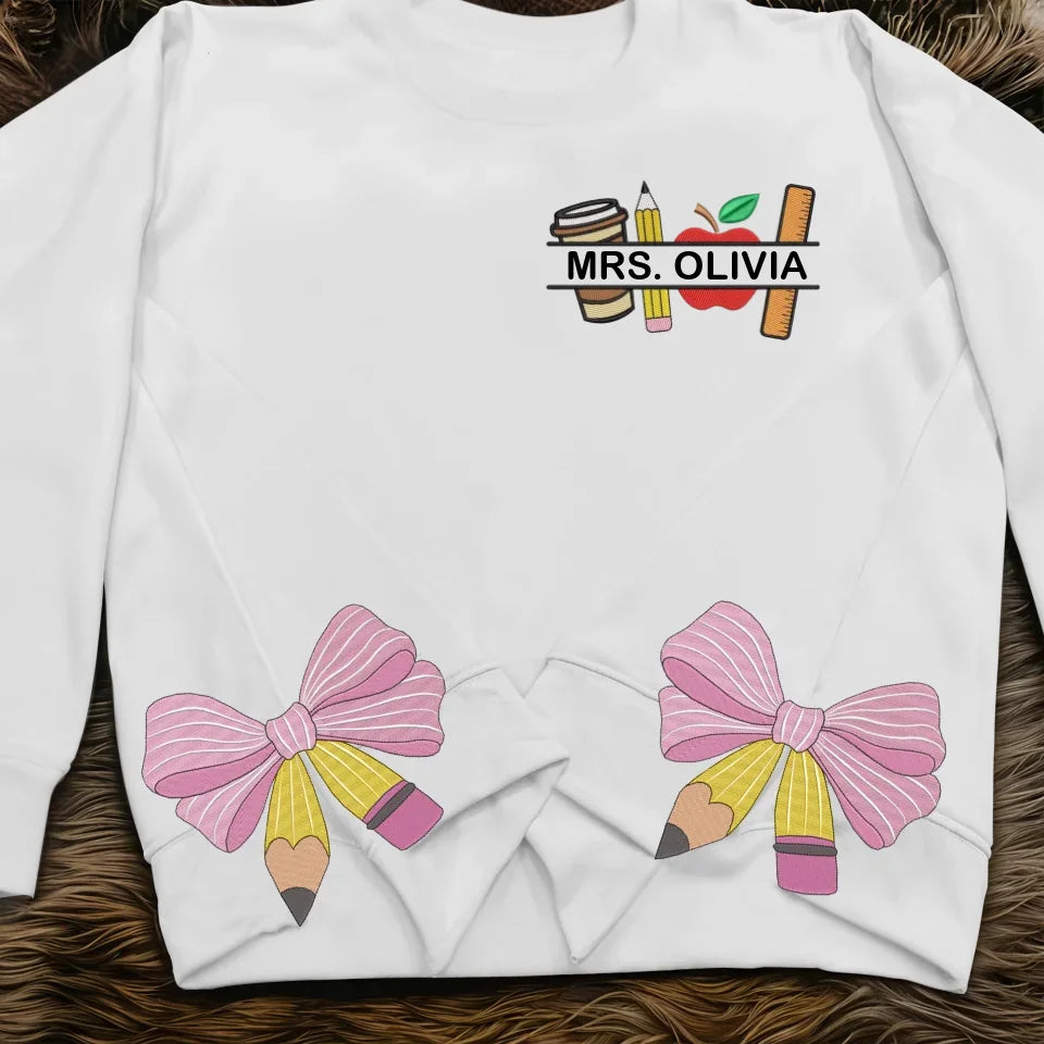 Personalized Teacher Side Bow Embroidered Sweatshirt - Gift Idea For Teacher/Birthday - Custom Name