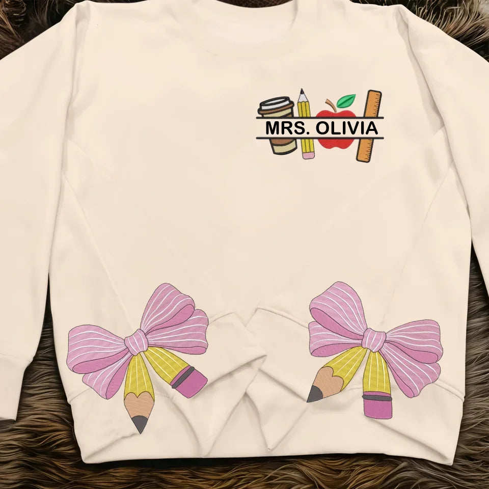 Personalized Teacher Side Bow Embroidered Sweatshirt - Gift Idea For Teacher/Birthday - Custom Name