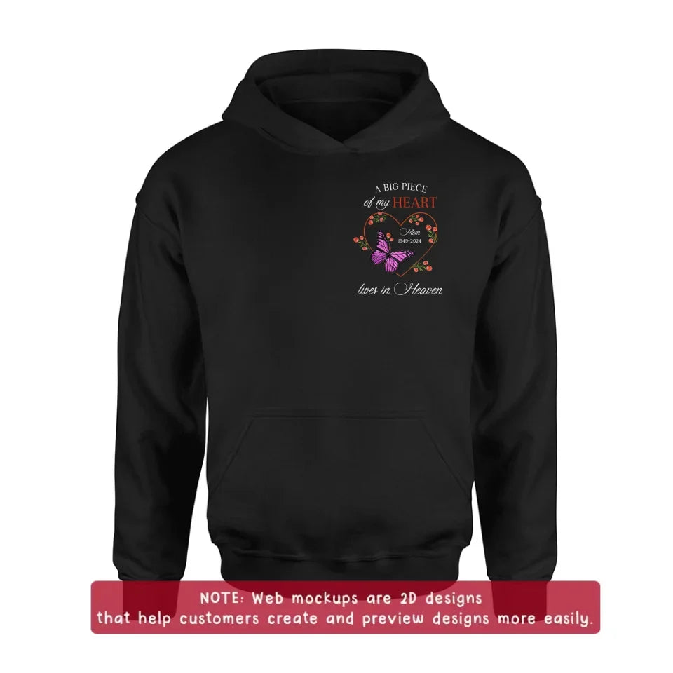 Personalized Memorial Butterflies Embroidered T-Shirt/Sweater/Hoodie - Memorial Gift Idea For Family Member - A Big Piece Of My Heart Lives In Heaven