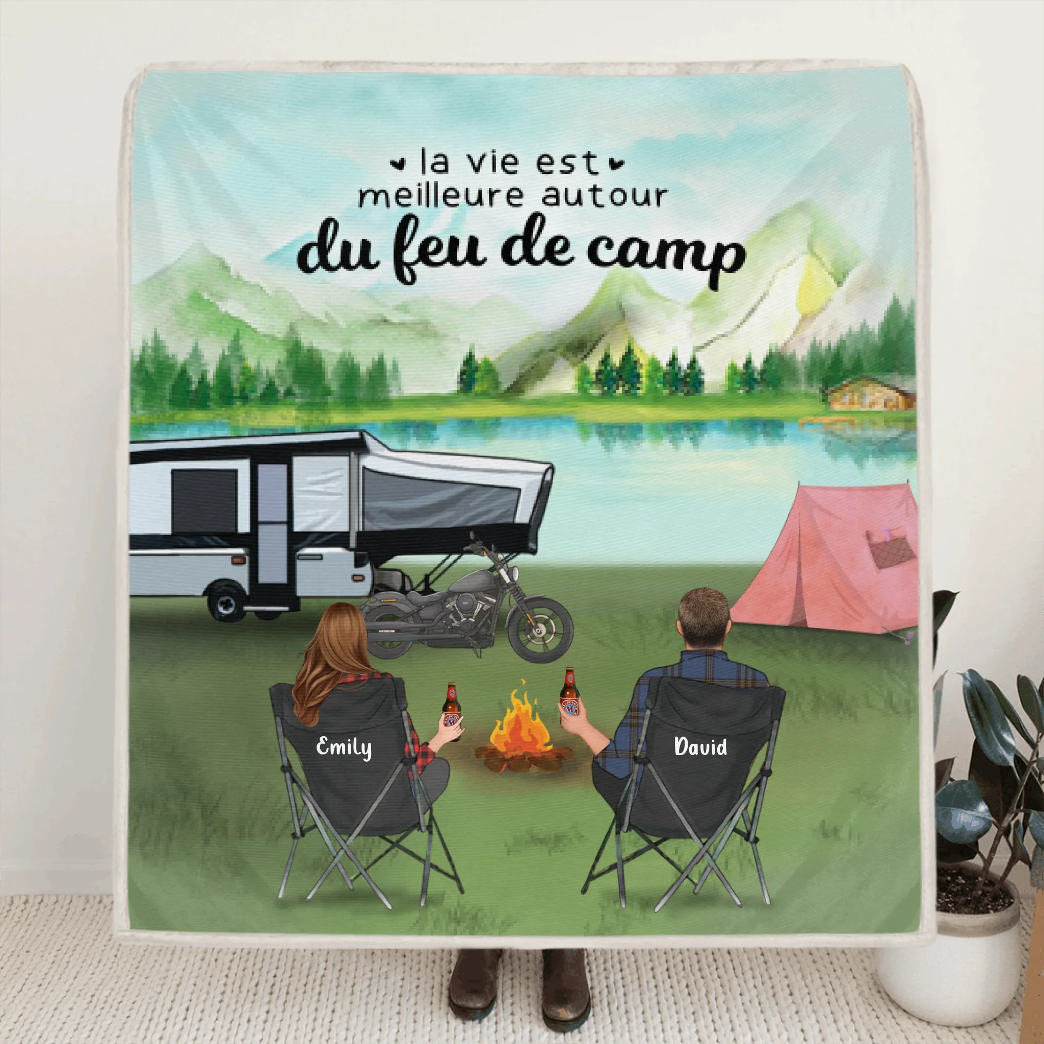 Personalized Camping Blanket - Couple/Family with Up to 4 Kids - 2 Pets - Gift For The Whole Family