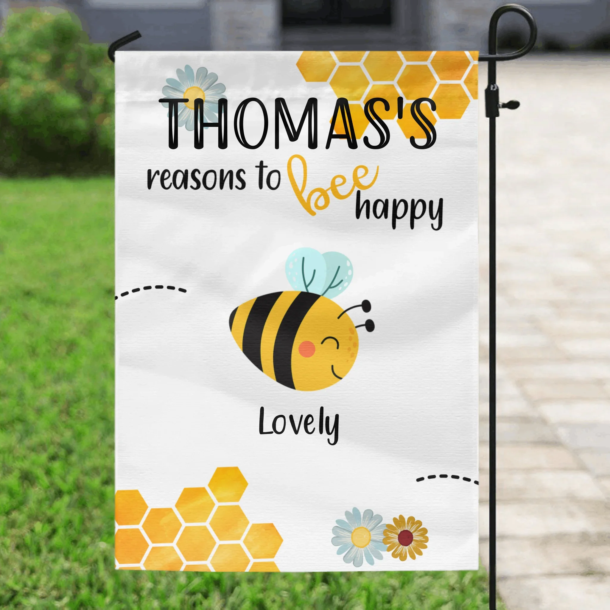 Personalized Bee Garden Flag Sign - Family's Name - Up to 9 Bees - Reasons To Bee Happy