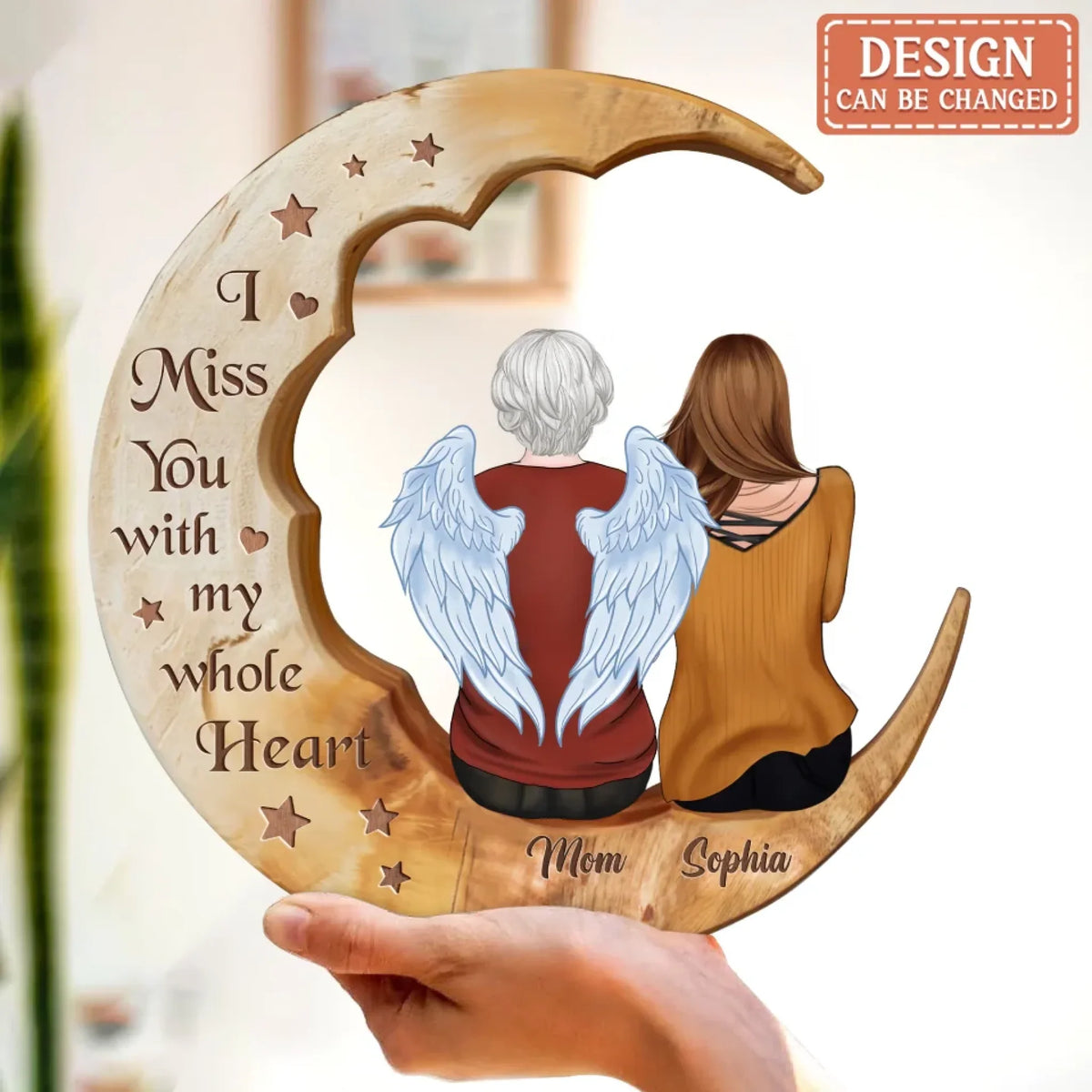 Personalized Memorial Family Moon Wooden Art - Memorial Gift Idea For Parent/Husband/Wife/Siblings - I Miss You With My Whole Heart