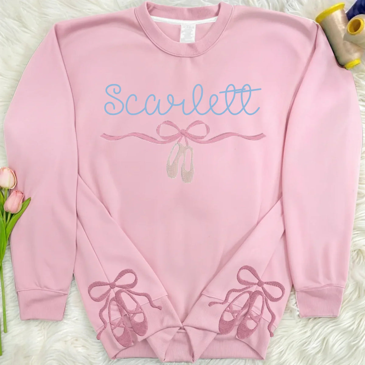 Custom Name Ballet Shoes Dancer Embroidered Split Side Bow Sweatshirt - Gift Idea For Daughter/Birthday/Ballet Lover