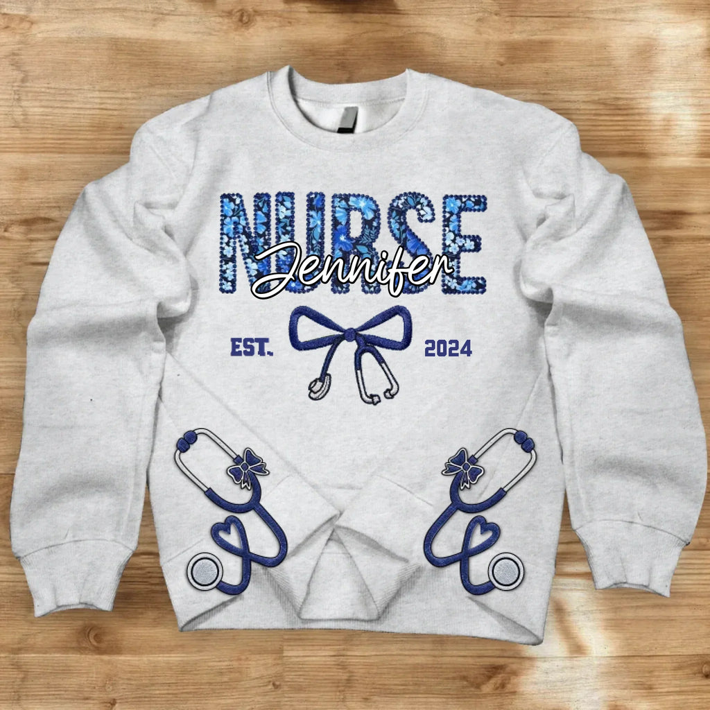 Personalized Nurse With Stethoscope Bow Appliqué Embroidered Sweatshirt - Gift Idea For Nurse
