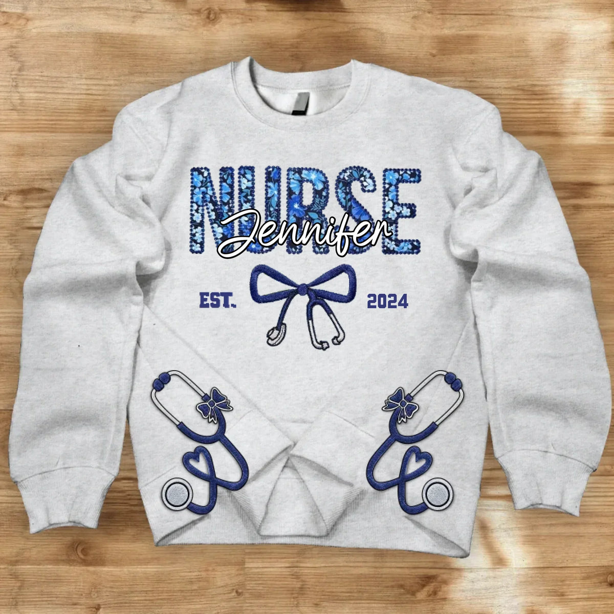 Personalized Nurse With Stethoscope Bow Appliqué Embroidered Sweatshirt - Gift Idea For Nurse