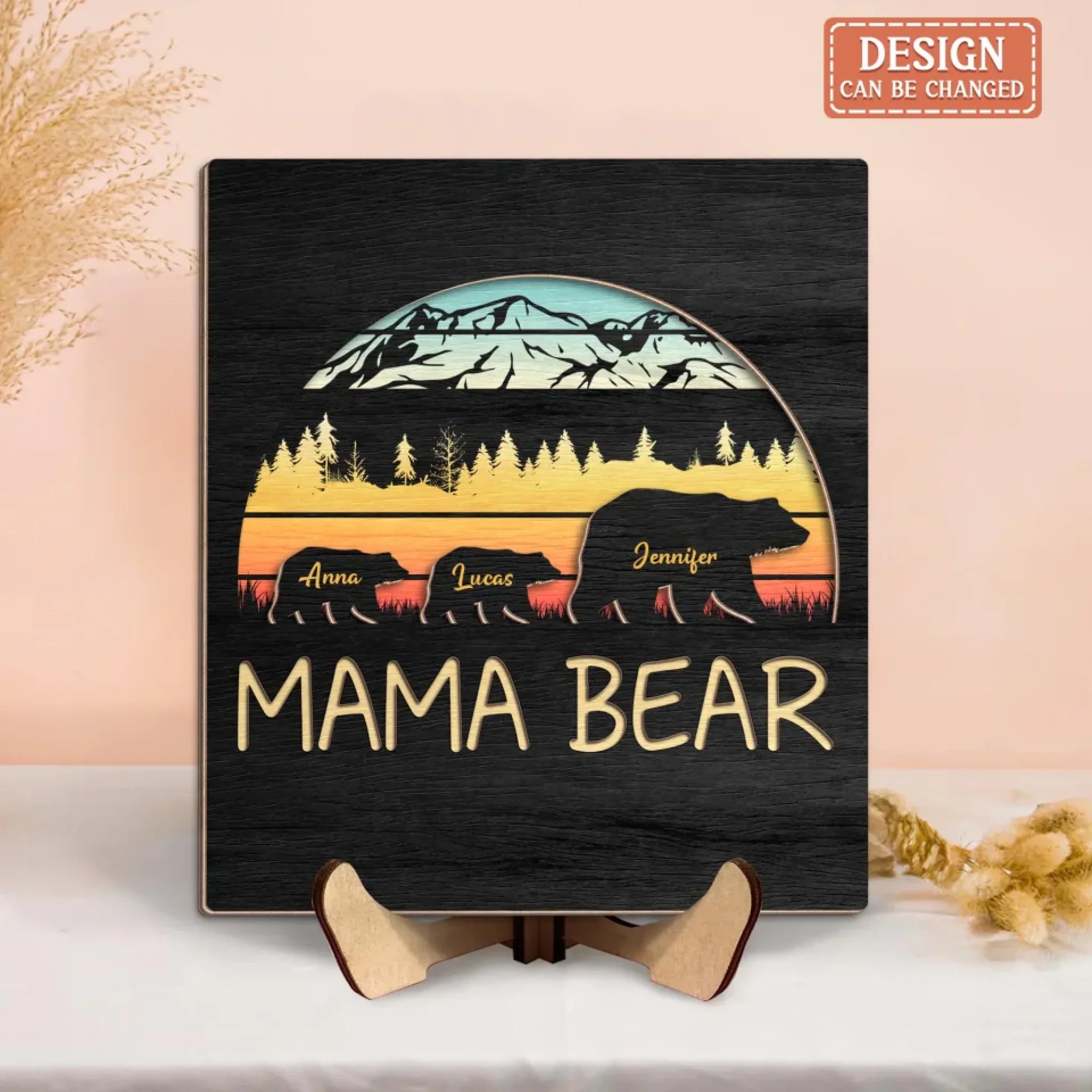 Personalized Mama Bear Wooden Art - Mother's Day/Birthday Gift For Mom - Up to 5 Kids