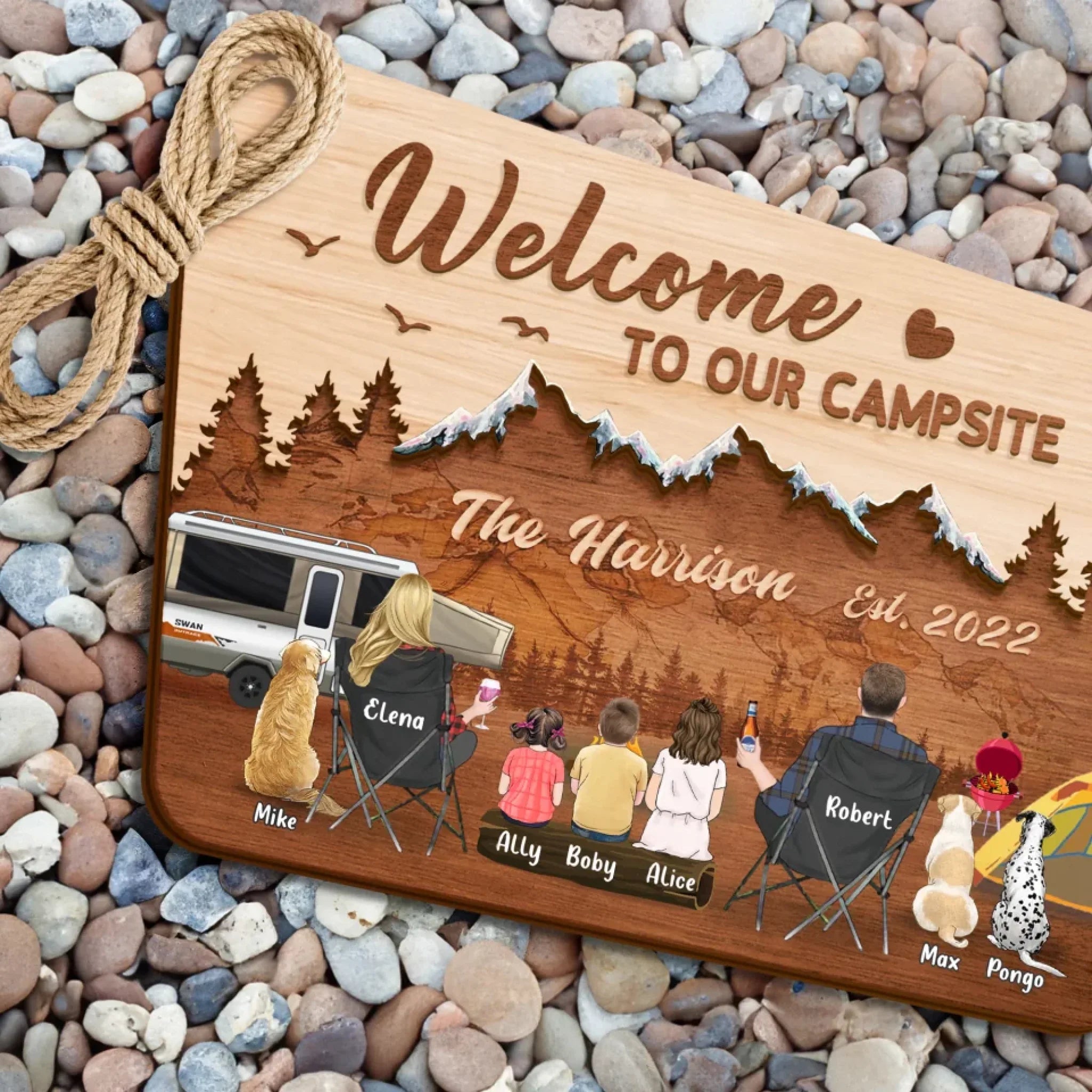 Personalized Camping Wooden Sign - Gift Idea For Camping Lover/Family - Parents/Couple With Up to 3 Kids And 3 Pets - Welcome To Our Campsite