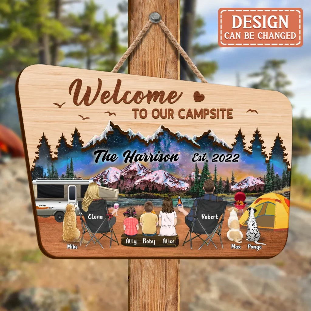 Personalized Camping Wooden Sign - Gift Idea For Camping Lover/Family - Parents/Couple With Up to 3 Kids And 3 Pets - Welcome To Our Campsite