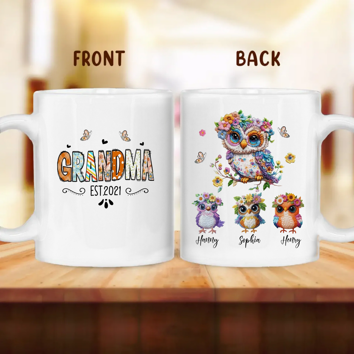 Personalized Owl Grandma Embroidered Effect Design Coffee Mug - Up to 6 Kids - Mother's Day Gift Idea for Grandma
