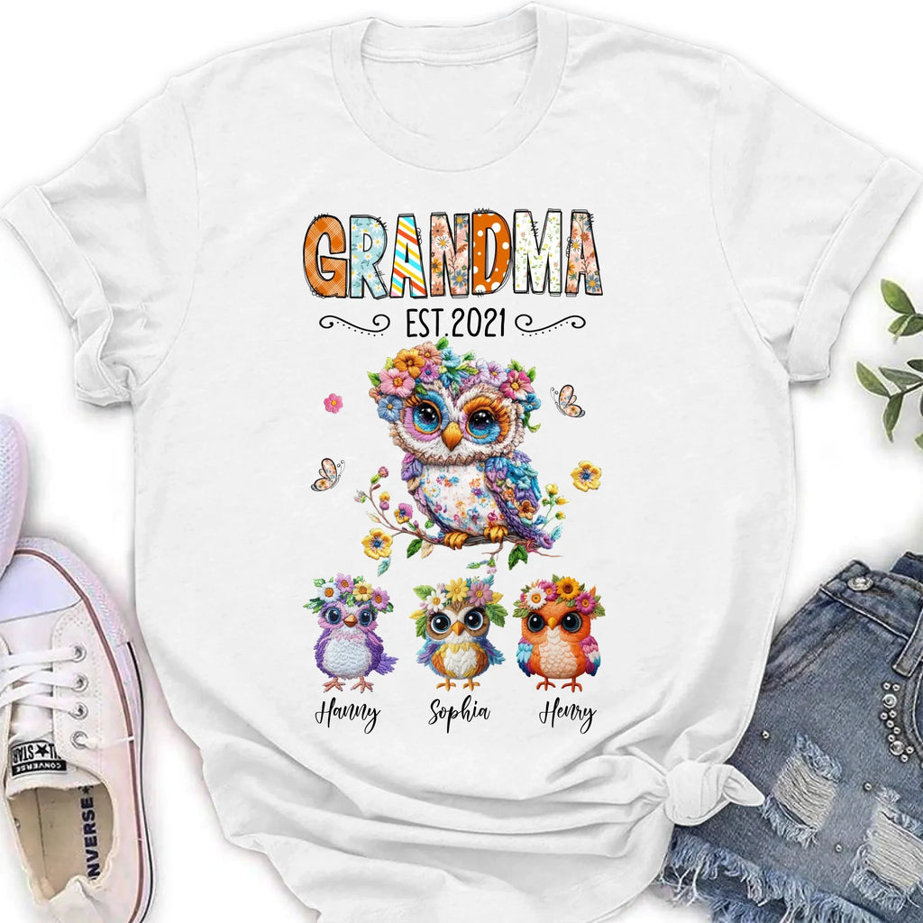 Personalized Owl Grandma Embroidered Effect Design Shirt/Hoodie - Up to 6 Kids - Mother's Day Gift Idea for Grandma/Mom