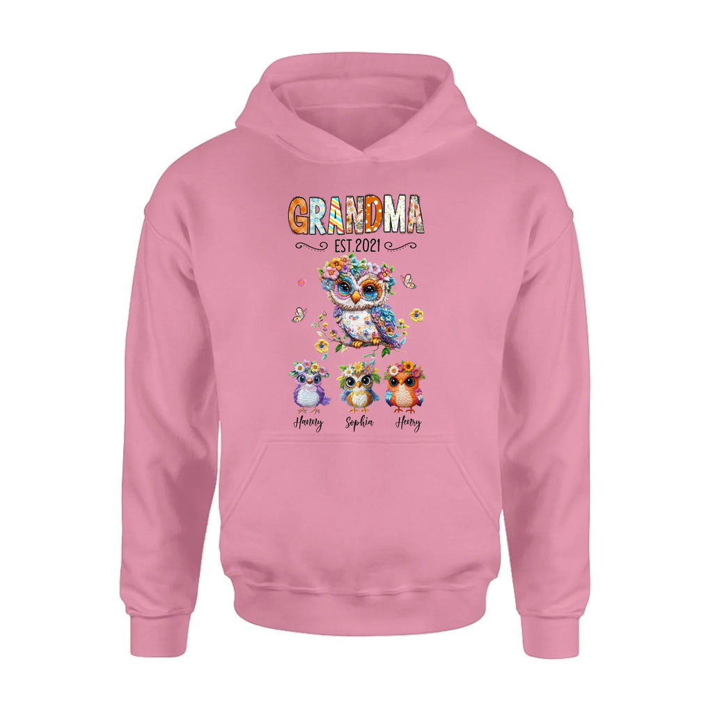 Personalized Owl Grandma Embroidered Effect Design Shirt/Hoodie - Up to 6 Kids - Mother's Day Gift Idea for Grandma/Mom