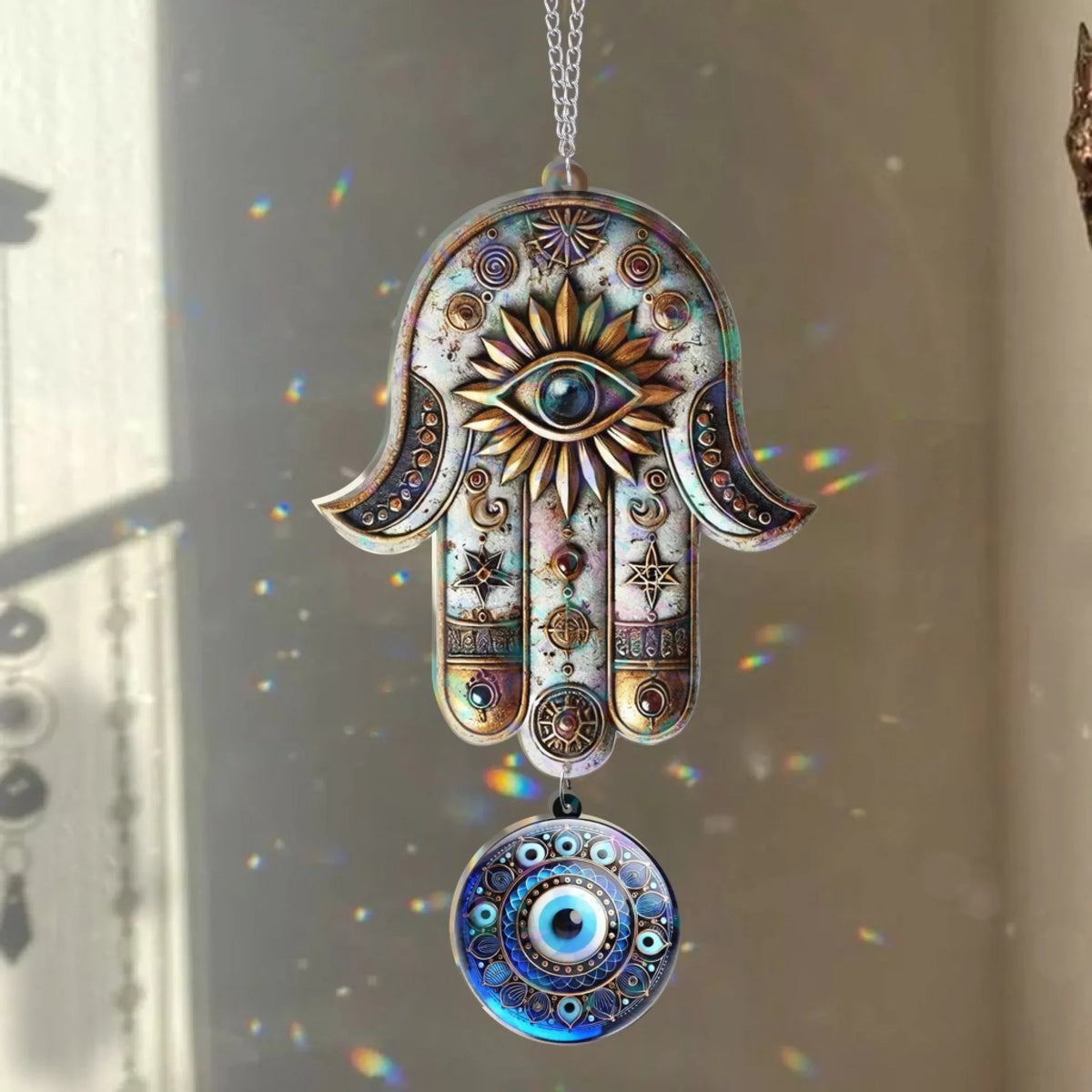Custom Hamsan Hand Third Eye Hologram Window Decor With Hanging Piece