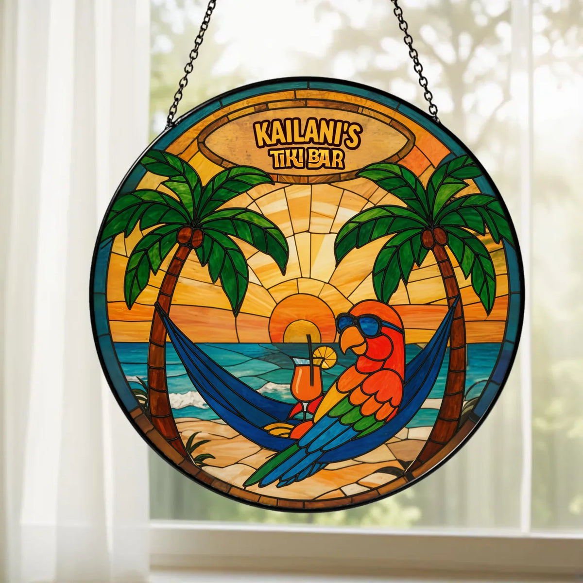 Personalized Tropical Tiki Bar Stained Glass Suncatcher -  Summer Gift Idea for Family
