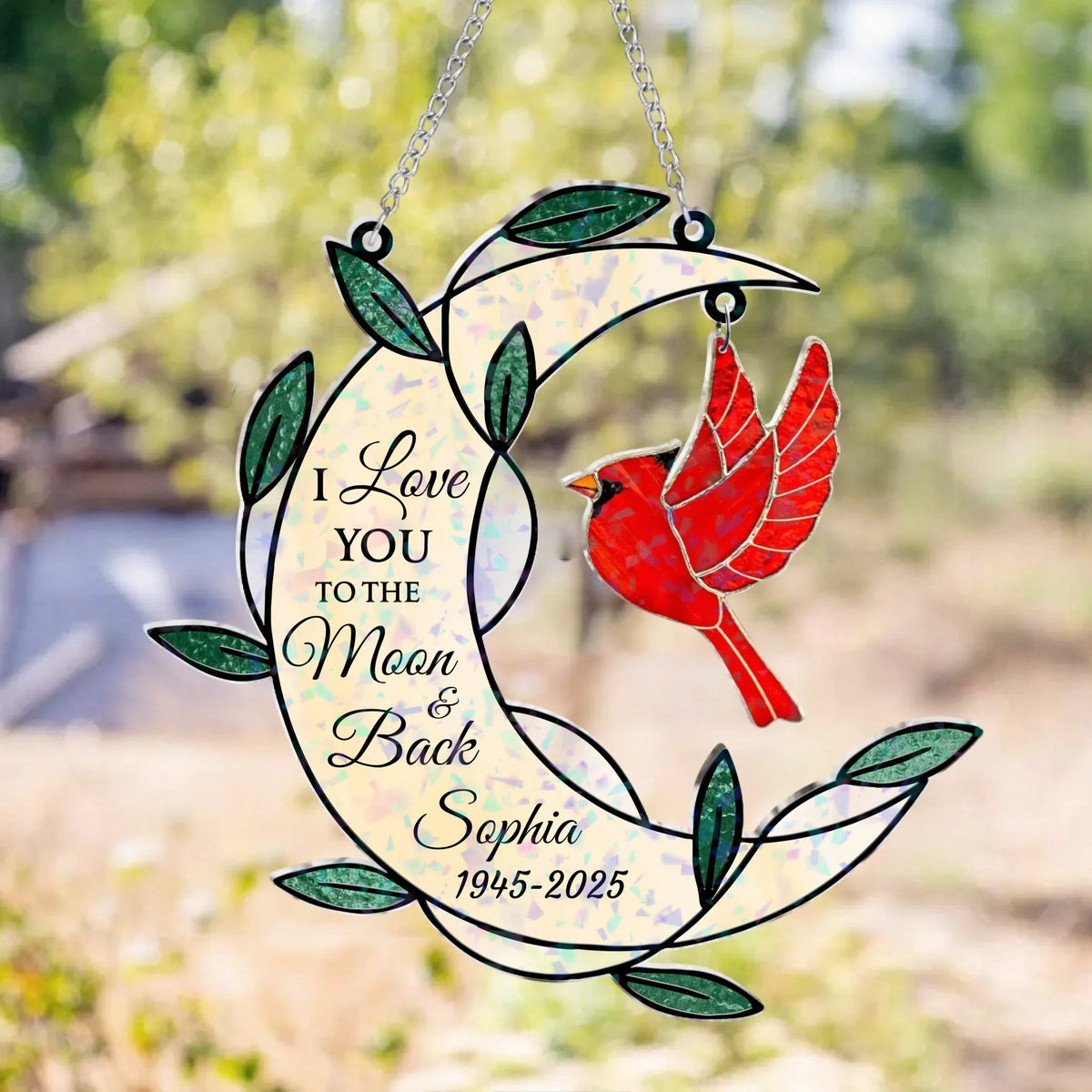 Personalized Memorial Moon Shape Hologram Window Decor With Hanging Piece - Memorial Gift For Family Members