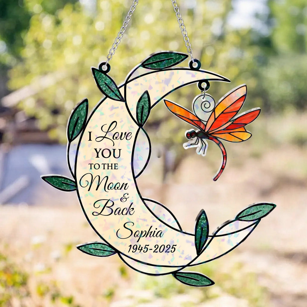 Personalized Memorial Moon Shape Hologram Window Decor With Hanging Piece - Memorial Gift For Family Members