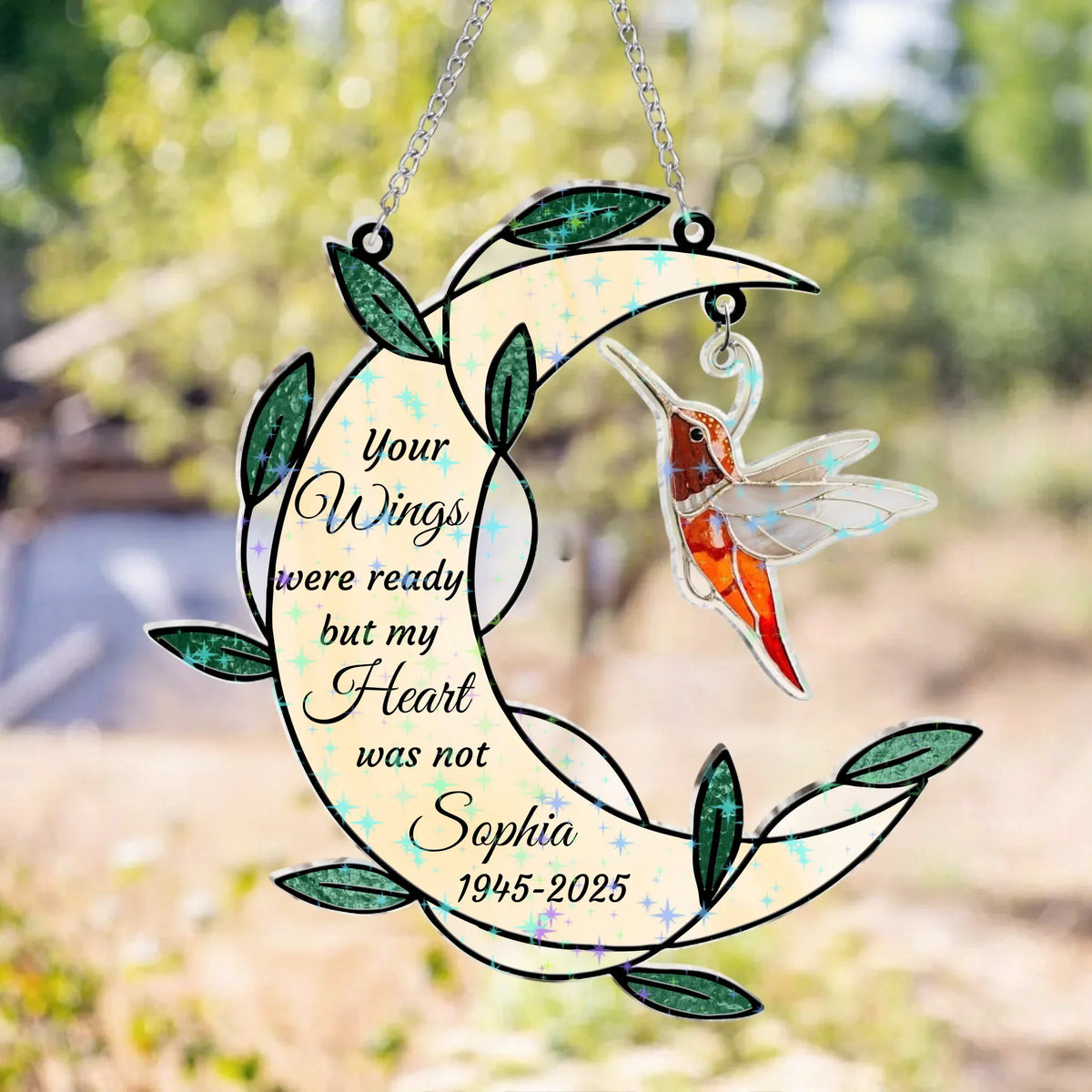 Personalized Memorial Moon Shape Hologram Window Decor With Hanging Piece - Memorial Gift For Family Members