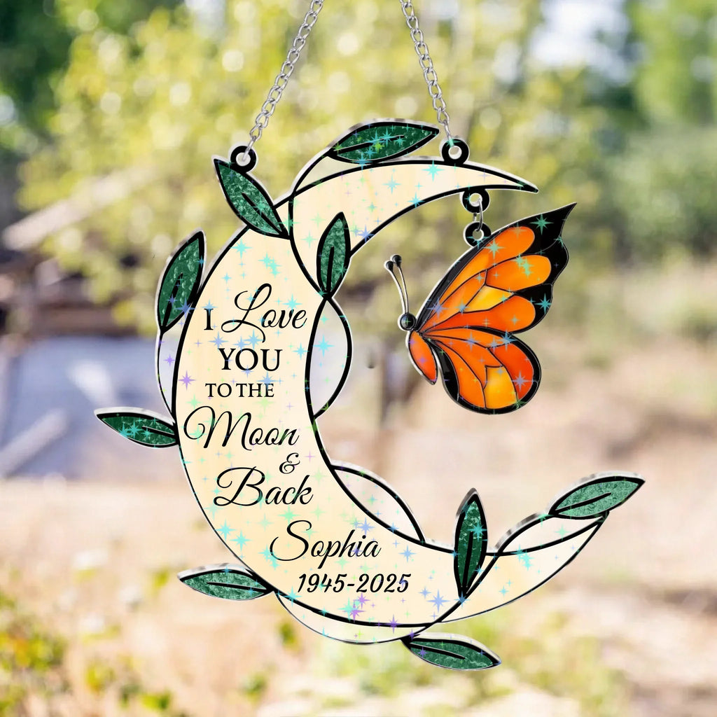 Personalized Memorial Moon Shape Hologram Window Decor With Hanging Piece - Memorial Gift For Family Members