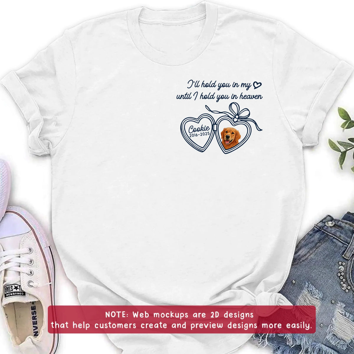Custom Portrait Pet Face Memorial Embroidered Heart Locket T-Shirt - Memorial Gift Idea For Pet Owners - I'll Hold You In My Heart Until I Hold You In Heaven