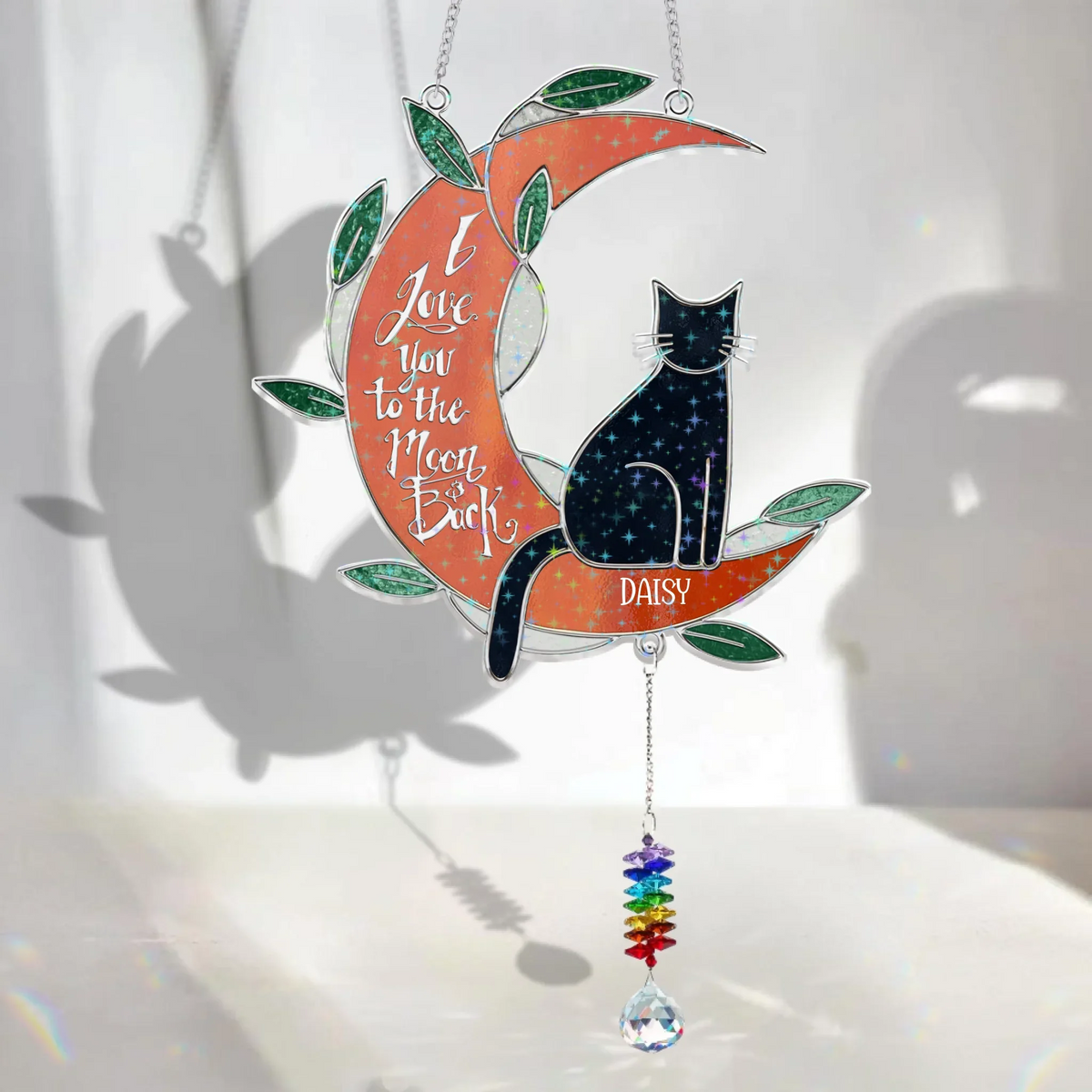 Personlized Cat Memorial Suncatcher Hologram Window Hanging With Crystal Charm - Gift Idea For Cat Owner
