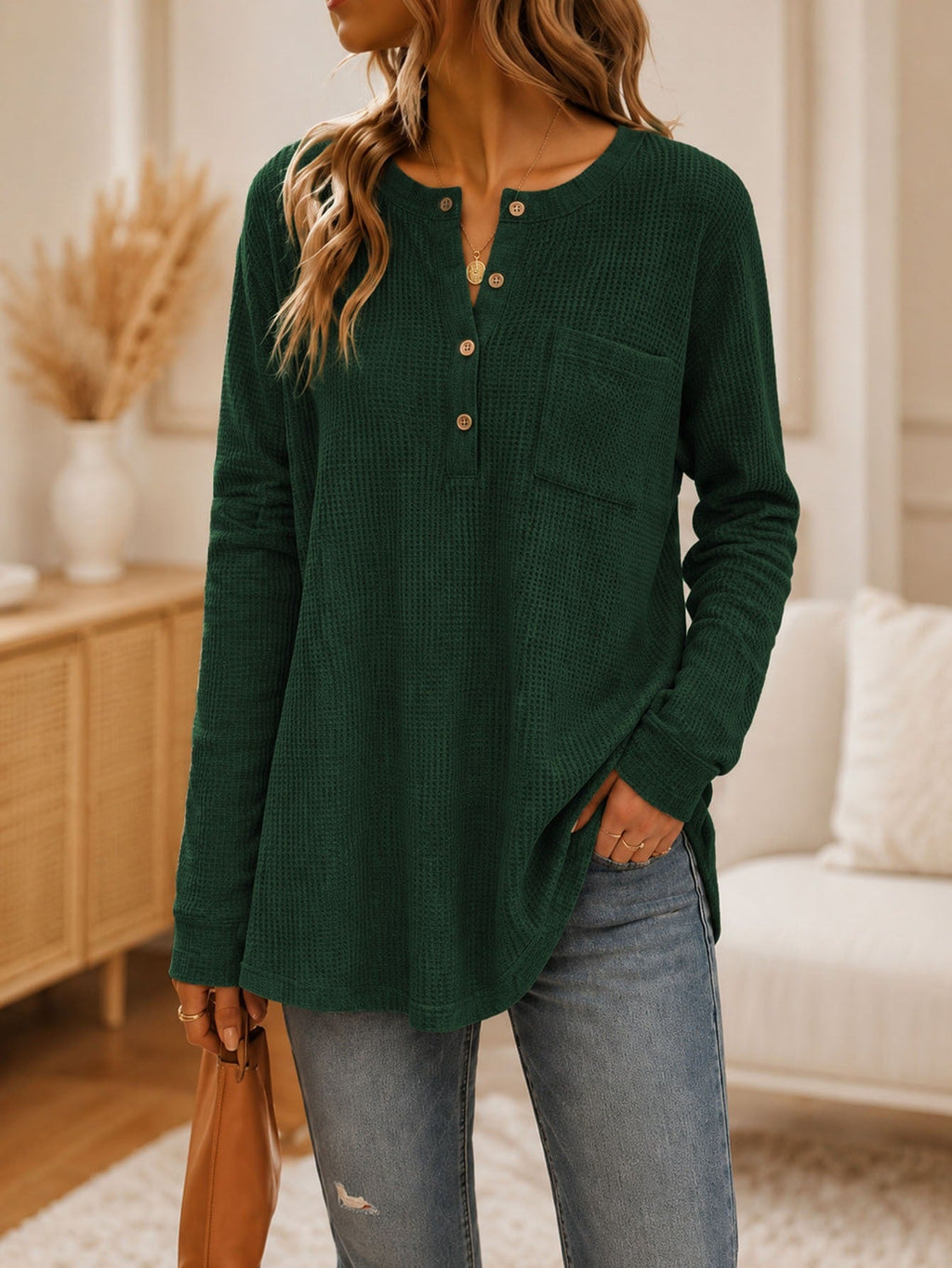 Anno Fashion New Solid Waffle Knit Long Sleeve Top With Pockets & Buttons