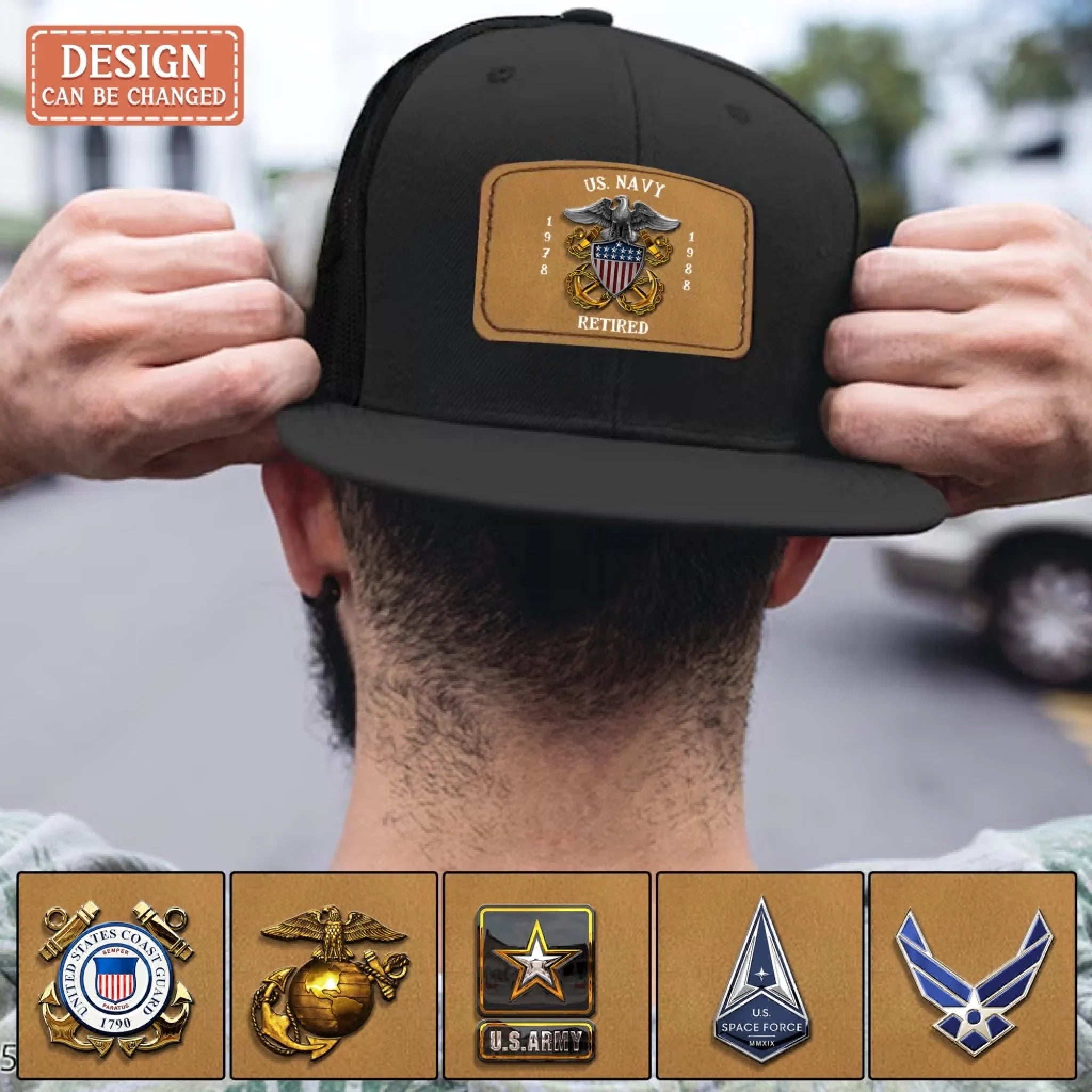Personalized Retired Veteran Leather Patch Snapback Trucker Cap - Retirement/Veteran Gift For Dad