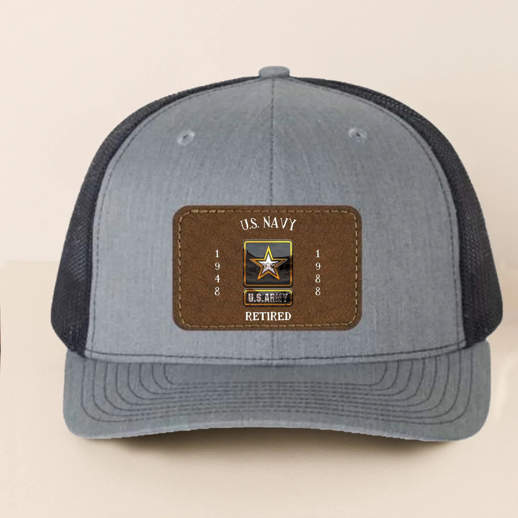 Personalized Retired Veteran Leather Patch Snapback Trucker Cap - Retirement/Veteran Gift For Dad