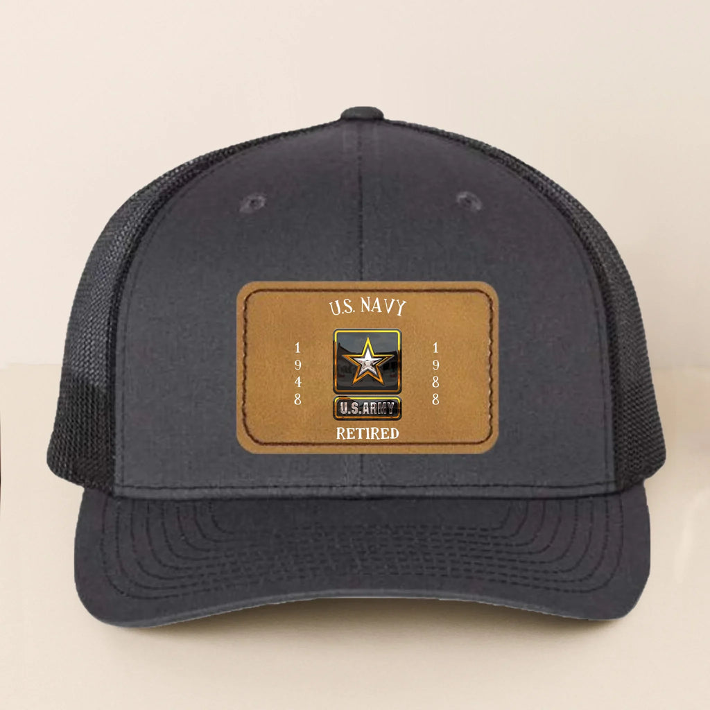 Personalized Retired Veteran Leather Patch Snapback Trucker Cap - Retirement/Veteran Gift For Dad