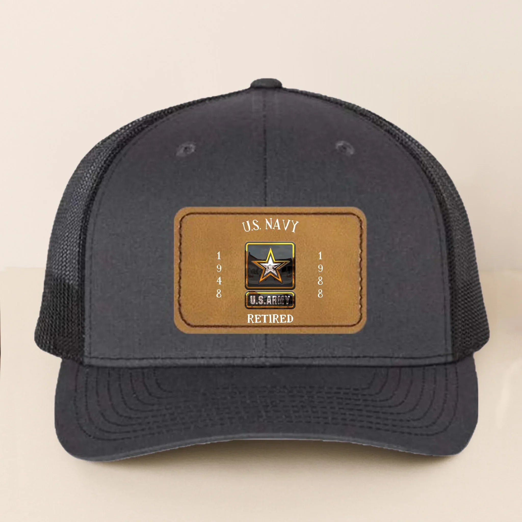Personalized Retired Veteran Leather Patch Snapback Trucker Cap - Retirement/Veteran Gift For Dad