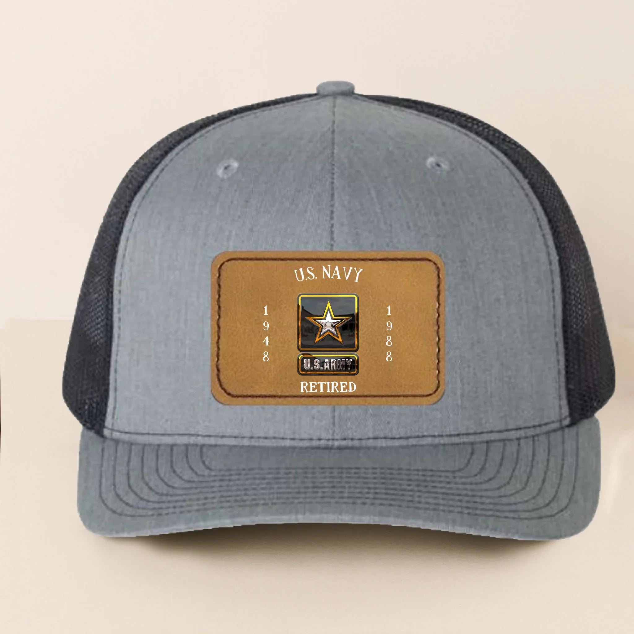 Personalized Retired Veteran Leather Patch Snapback Trucker Cap - Retirement/Veteran Gift For Dad