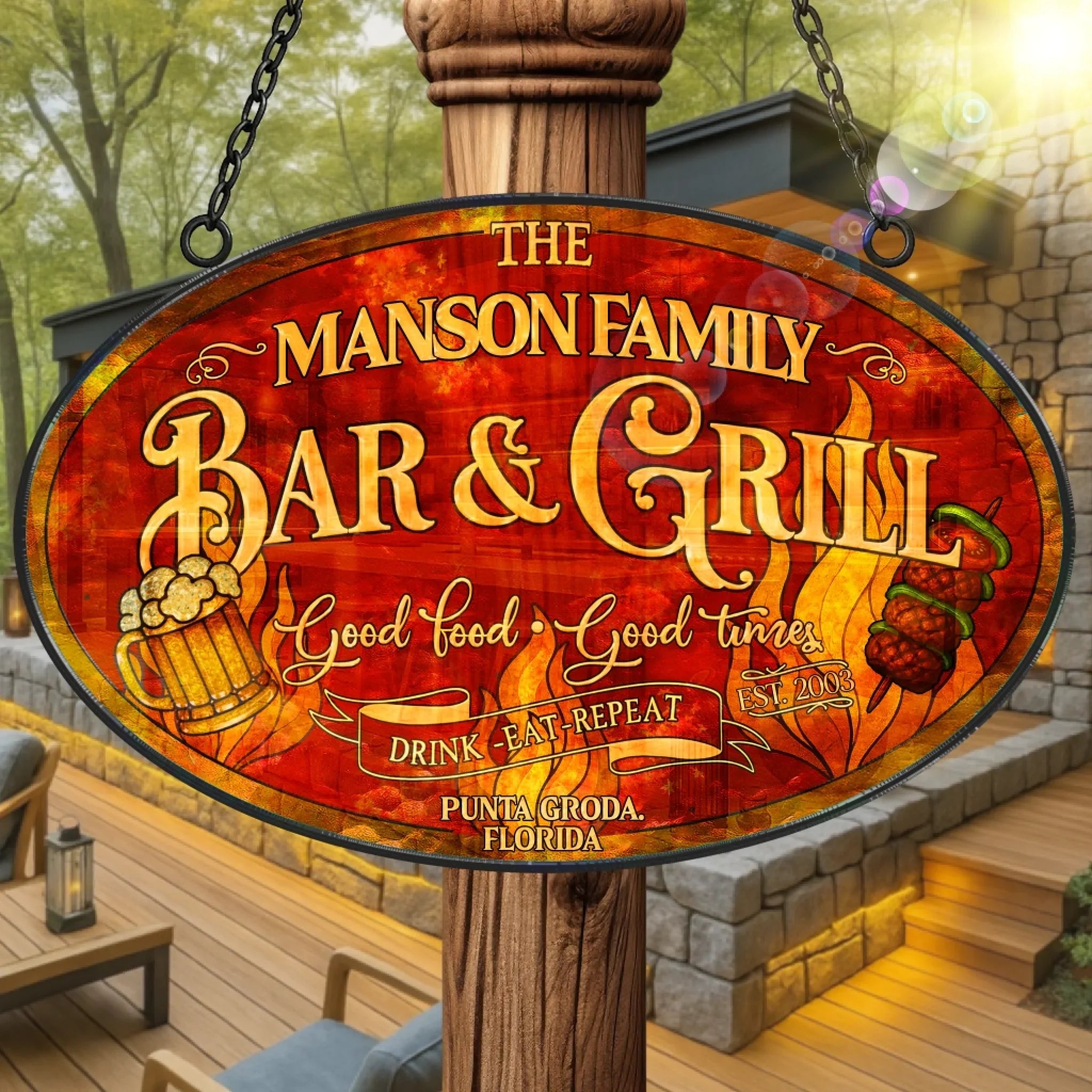 Personalized Patio Bar & Grill Acrylic Suncatcher - Summer Gift Idea - Good Food Good Times