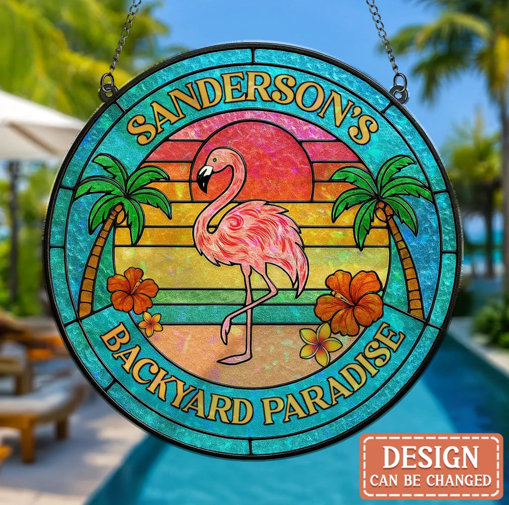 Personalized Flamingo Acrylic Suncatcher - Summer Gift Idea - Backyard Paradise
