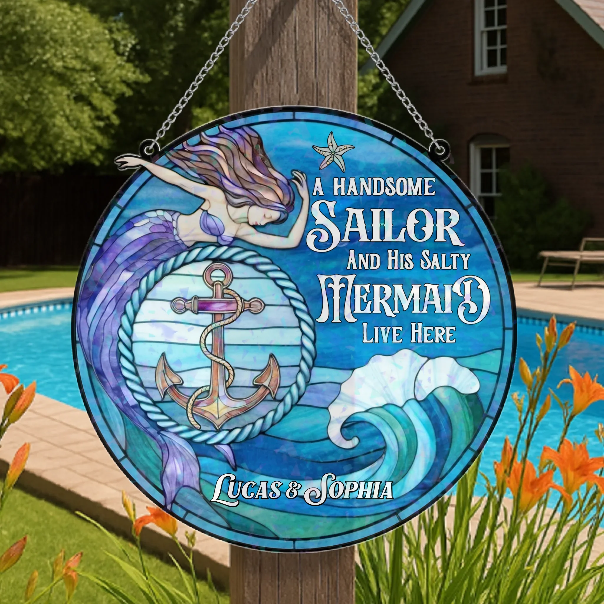 Personalized Mermaid & Sailor Acrylic Suncatcher - Gift Idea For Couple - A Handsome Sailor And His Salty Mermaid Live Here