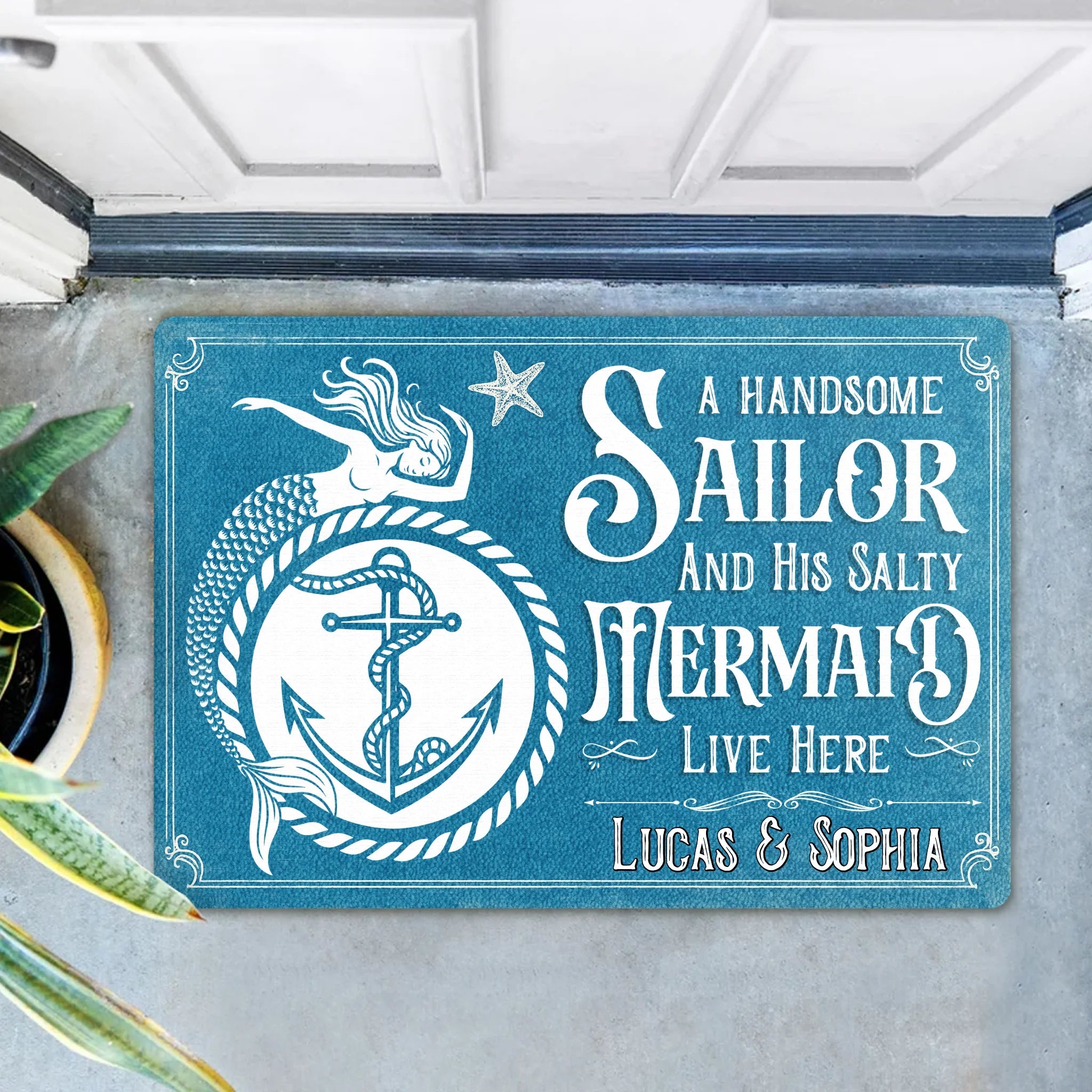 Custom Personalized Mermaid & Sailor Doormat - Gift Idea For Couple - A Handsome Sailor And His Salty Mermaid Live Here