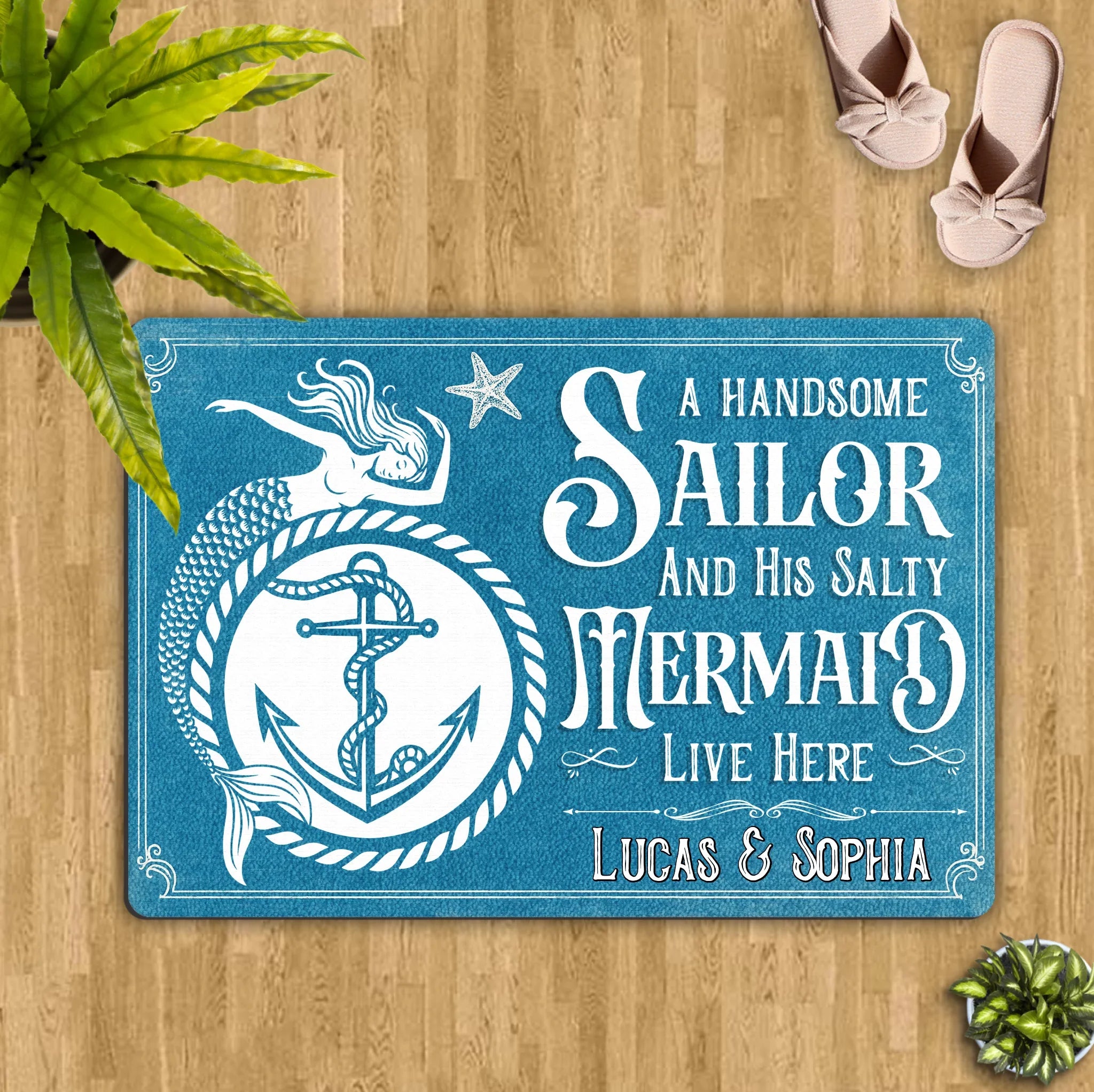 Custom Personalized Mermaid & Sailor Doormat - Gift Idea For Couple - A Handsome Sailor And His Salty Mermaid Live Here