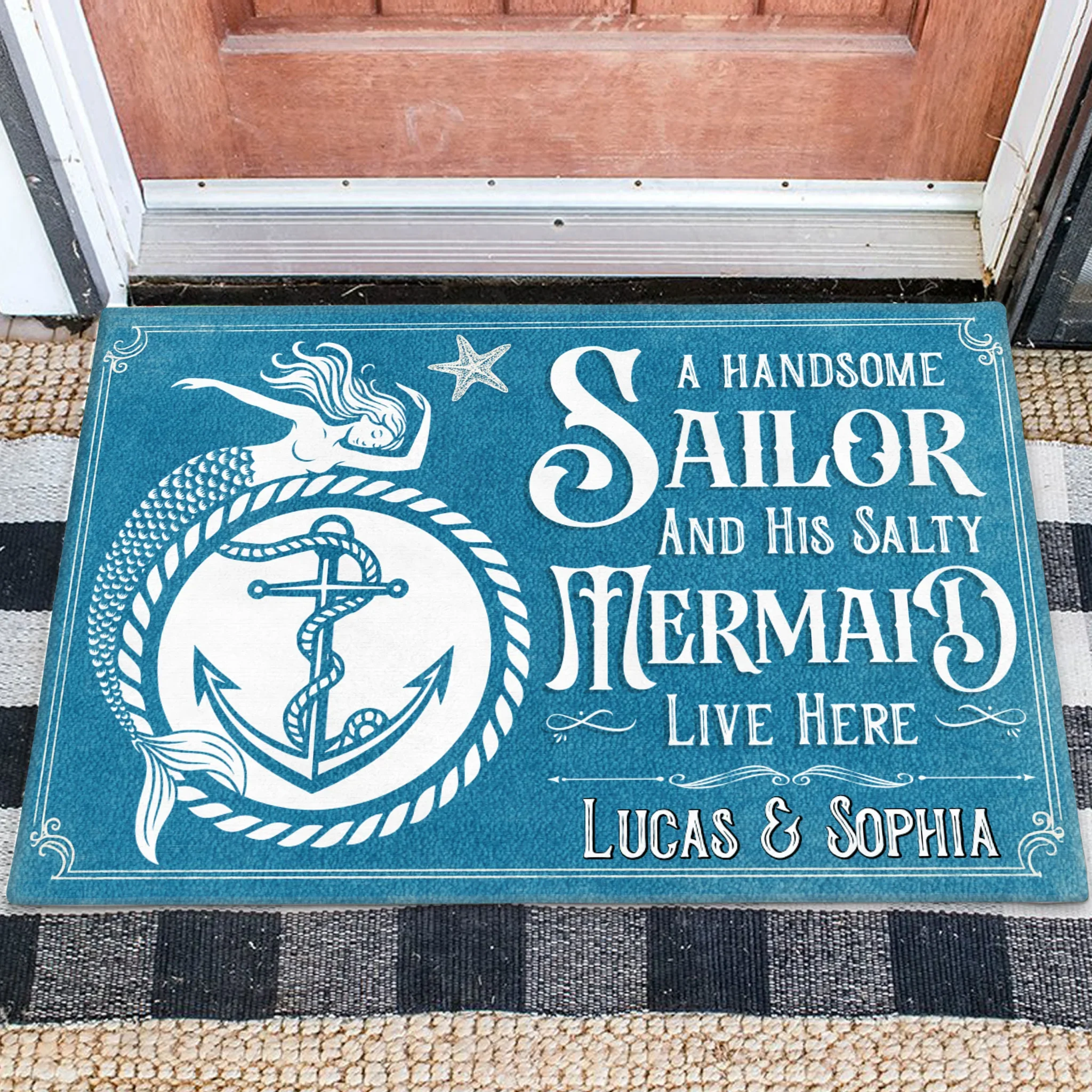 Custom Personalized Mermaid & Sailor Doormat - Gift Idea For Couple - A Handsome Sailor And His Salty Mermaid Live Here