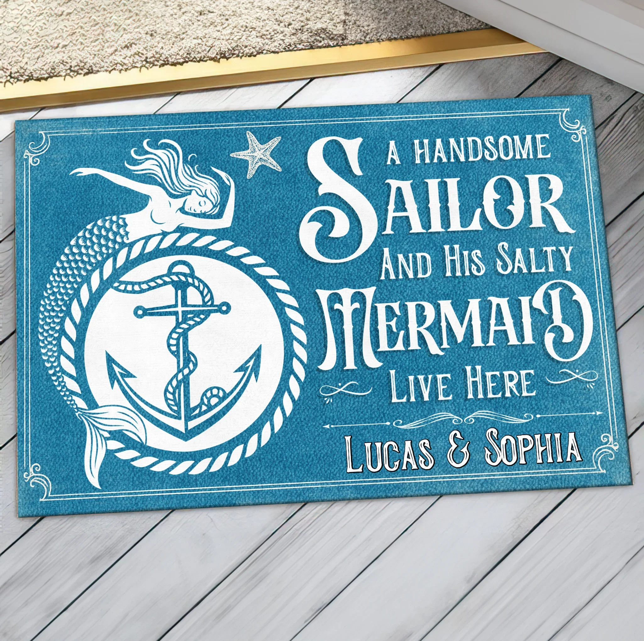 Custom Personalized Mermaid & Sailor Doormat - Gift Idea For Couple - A Handsome Sailor And His Salty Mermaid Live Here