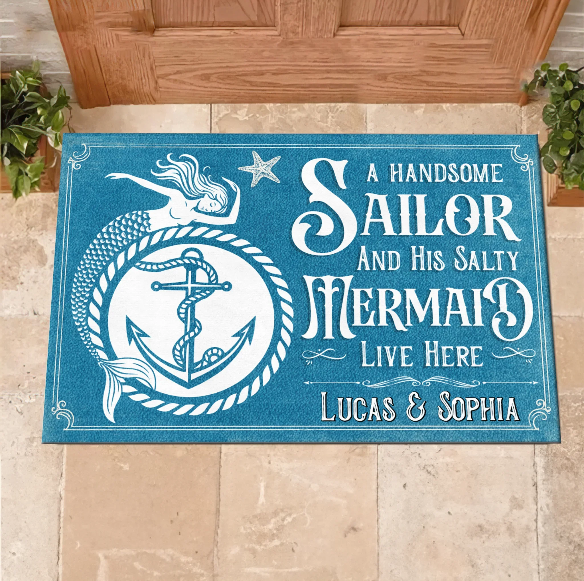 Custom Personalized Mermaid & Sailor Doormat - Gift Idea For Couple - A Handsome Sailor And His Salty Mermaid Live Here