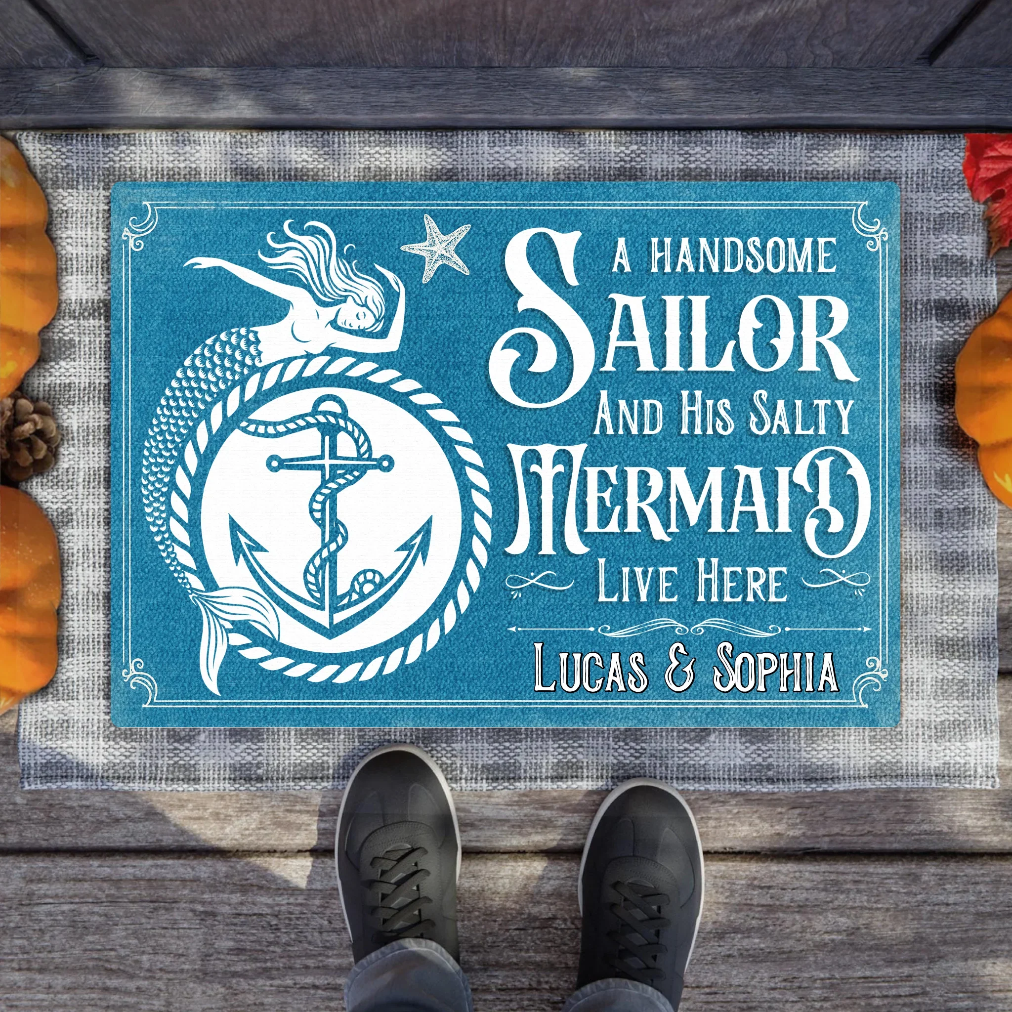 Custom Personalized Mermaid & Sailor Doormat - Gift Idea For Couple - A Handsome Sailor And His Salty Mermaid Live Here