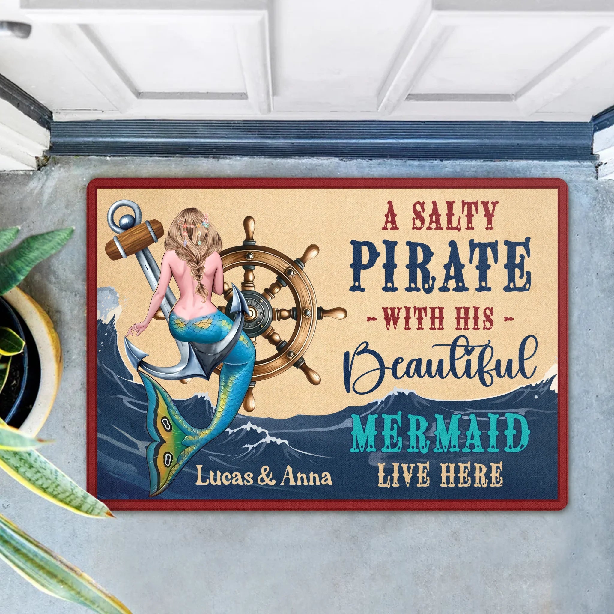 Personalized Mermaid Doormat - Summer Gift Idea - A Salty Pirate And His Beautiful Mermaid Live Here