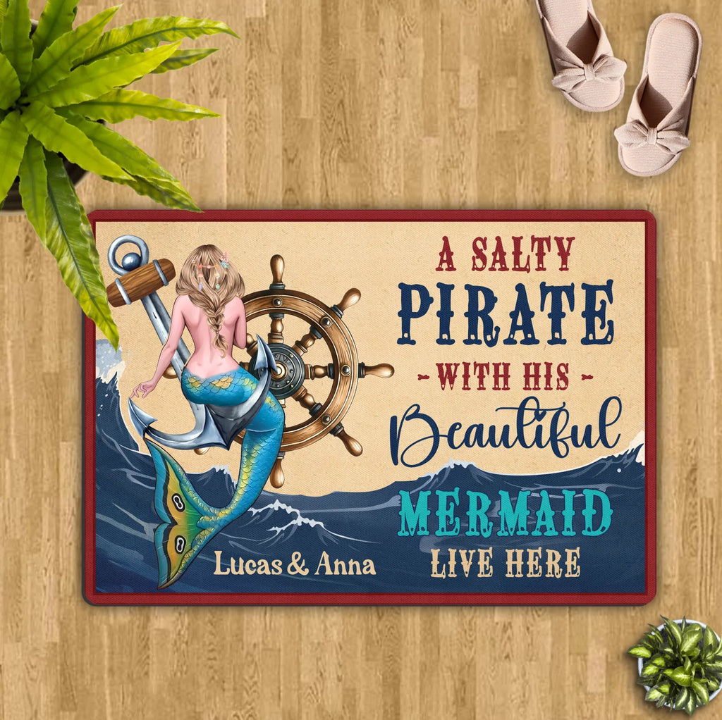 Personalized Mermaid Doormat - Summer Gift Idea - A Salty Pirate And His Beautiful Mermaid Live Here