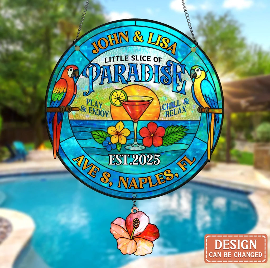 Personalized Oasis Backyard Acrylic Suncatcher - Summer Gift Idea - Little Slice Of Paradise