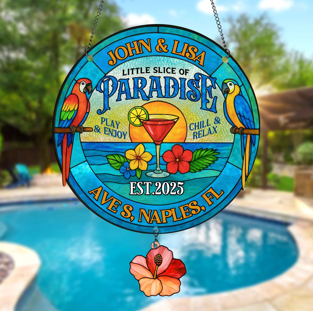 Personalized Oasis Backyard Acrylic Suncatcher - Summer Gift Idea - Little Slice Of Paradise